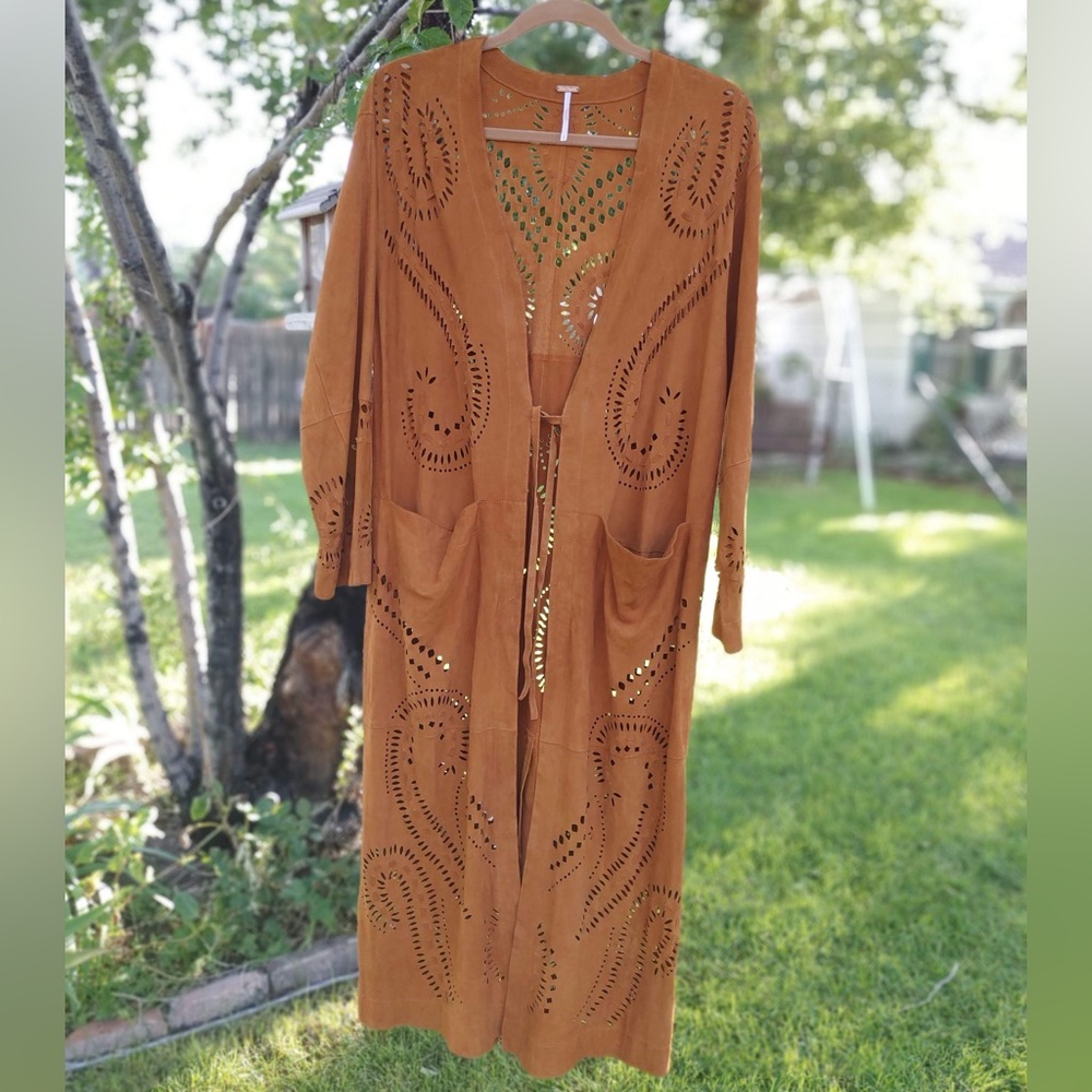 Free People Mallorca Goat Leather Suede Boho Laser Cut Duster Coat Jacket NWOT S